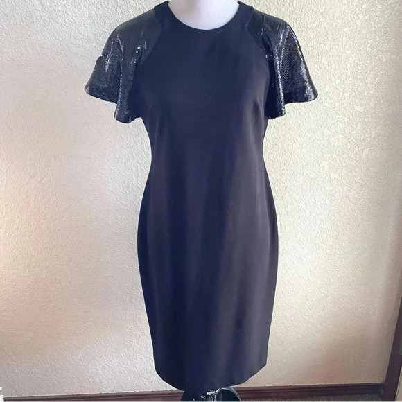Calvin Klein Little Black Dress High Neck Short Sequin Sleeve Mini: 8 - Picture 1 of 10
